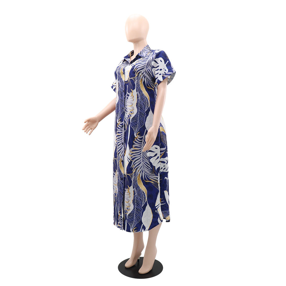 Women Printed Short Sleeve Beach Casual Shirt Long Dress 6