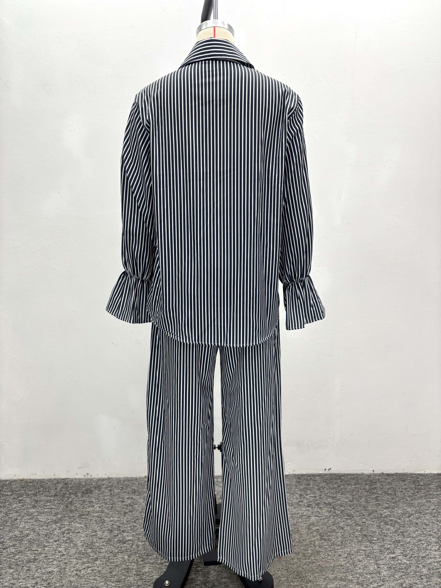 Women's Fashion Striped Button Bell Sleeve Shirt Wide Leg Pants African Casual Set 9