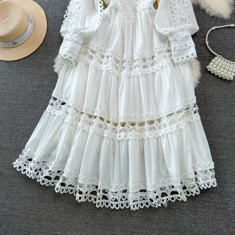 Spring Autumn Retro Chic Lantern Long Sleeve Lace Hollow Patchwork Round Neck Slim Waist Casual Dress 6