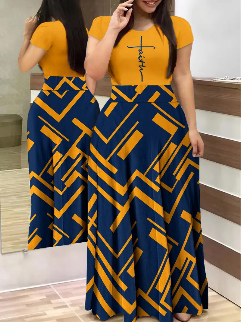 Women Summer Short Sleeve Printed Long Dress 3