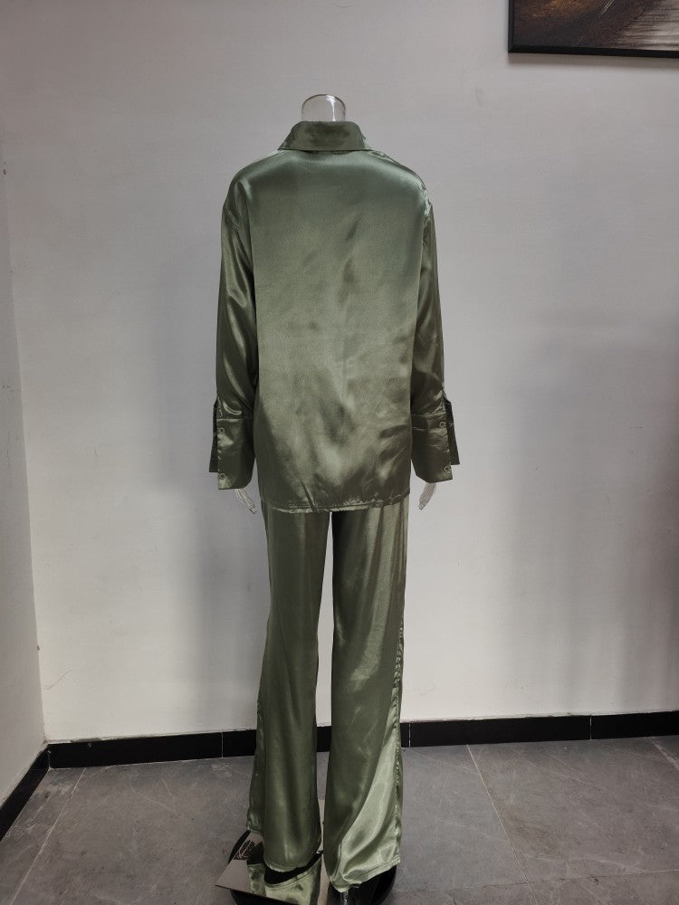 Solid Color Satin Long Sleeve Casual Two Piece Pants Set Trendy Lounge Wear 21