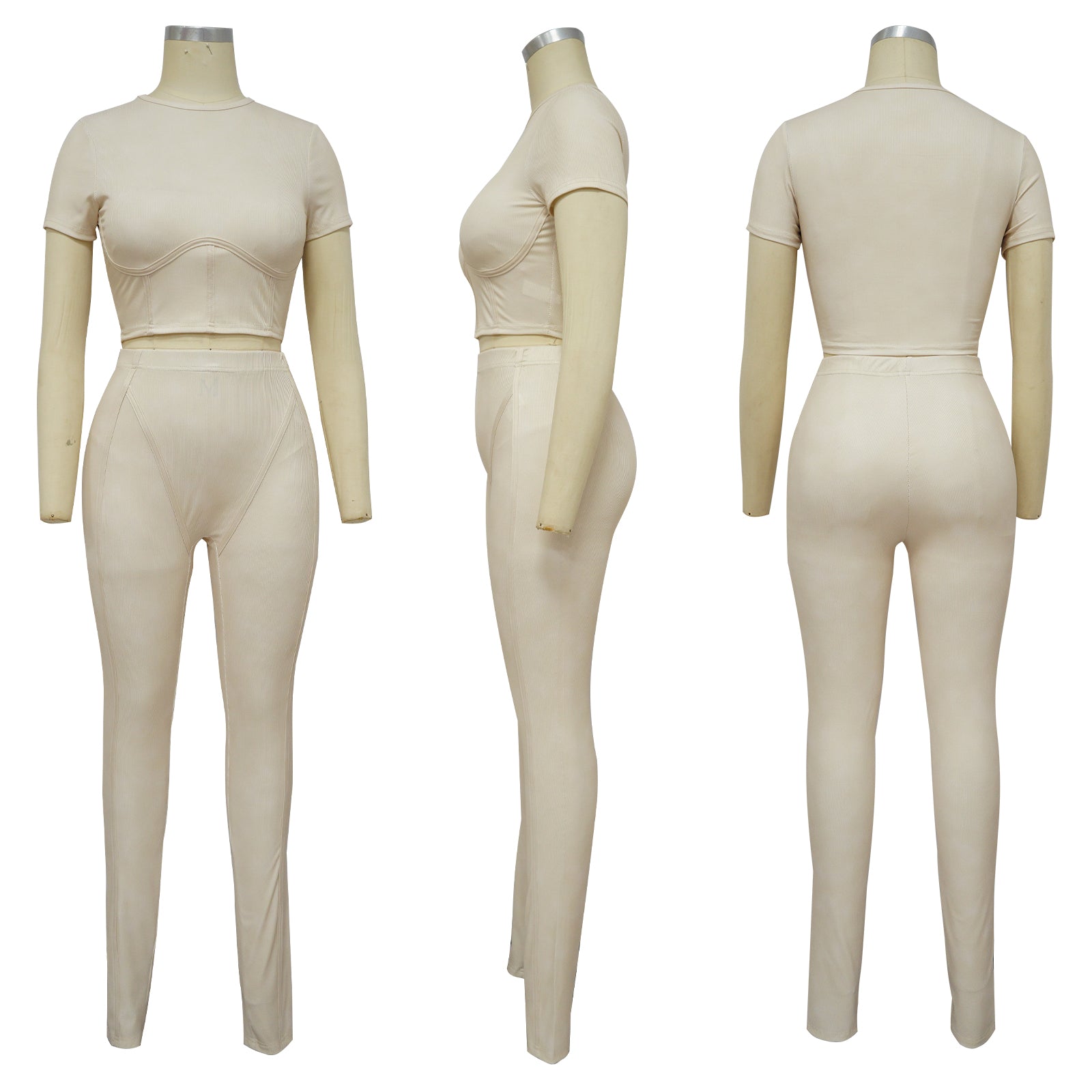 Solid Round Neck Tight Fitting Sexy Women's Sport Two Piece Pants Set 14