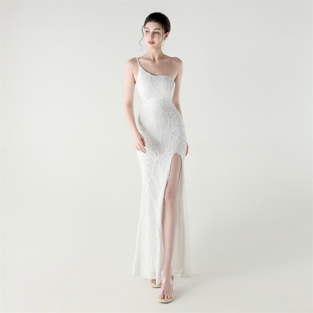 Women One Shoulder Beaded Geometric Sequin Formal Party Prom Wedding Evening Dress 9