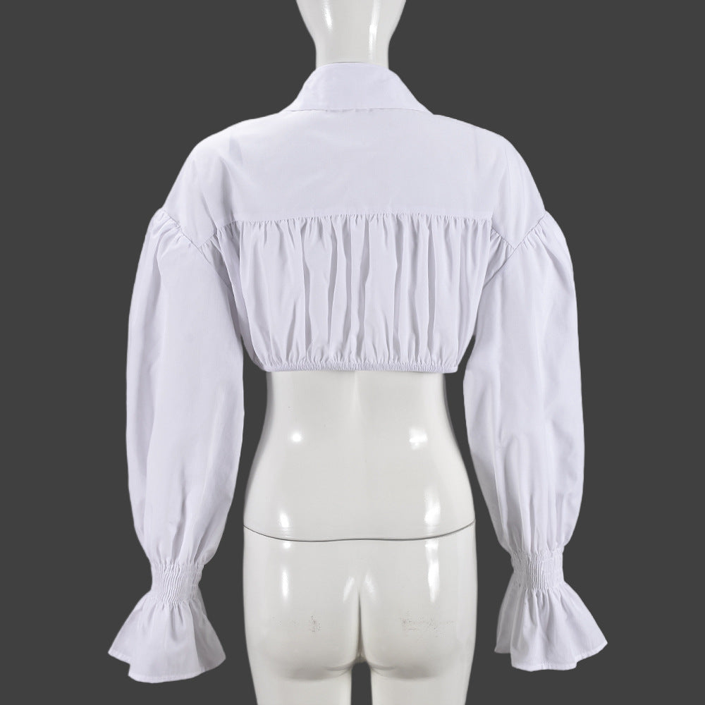 Women's Autumn Denim Patchwork Crop Bell Bottom Sleeve Women's Shirt 8