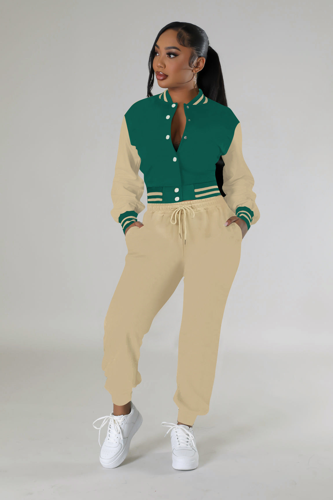 Women's Fashion Contrast Color Baseball Jacket Pants Two-Piece Set 3
