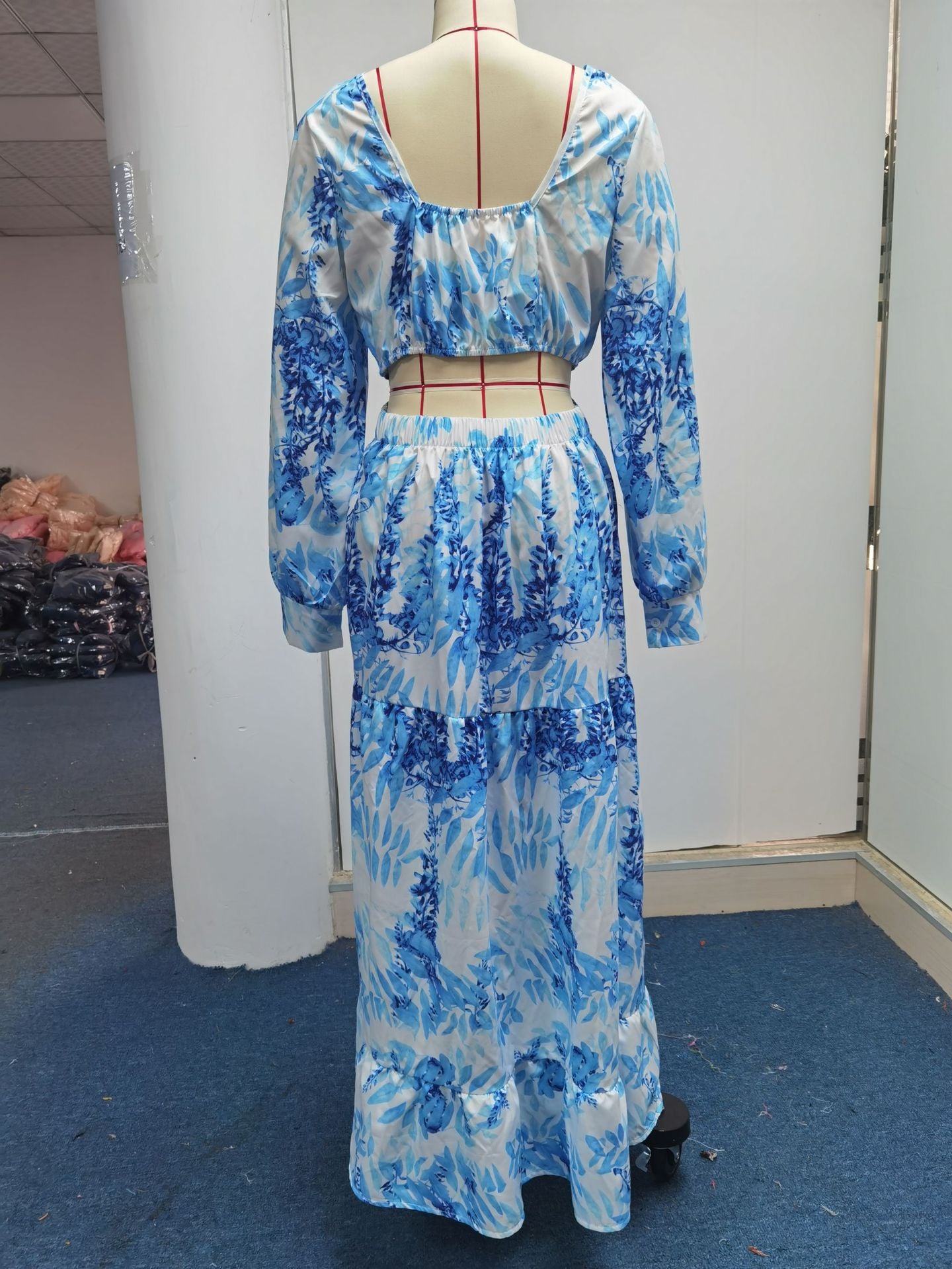 Fashion Women Clothing Spring Long Printed V-Neck Long Sleeve Maxi Dress 17