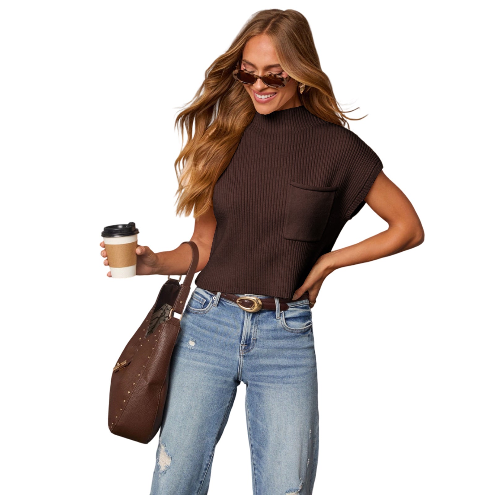 Women's Solid Color Knit Ribbed High-Neck Short Sleeve Top Sweater 15