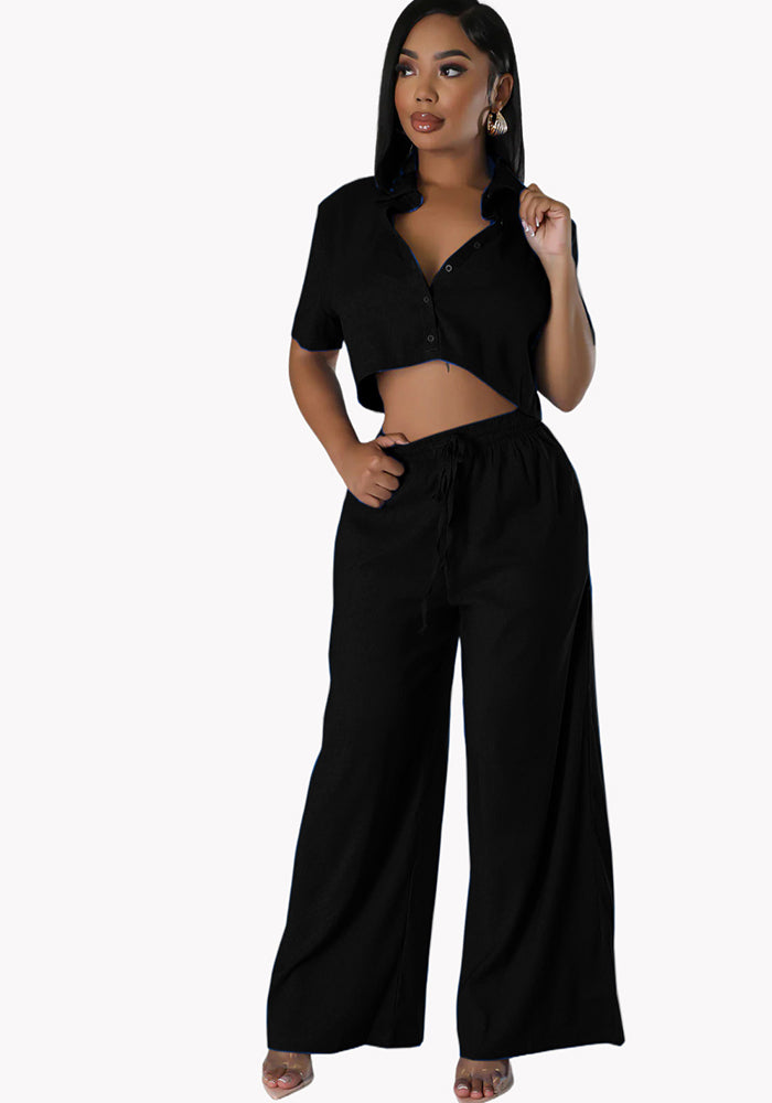 Sexy Fashion Solid Color V-Neck Casual Shirt Wide Leg Pants Two-Piece Set