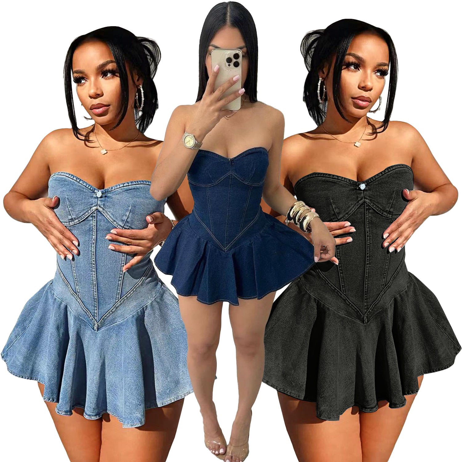 Women Summer Strapless Elastic Bodycon Denim Dress 5