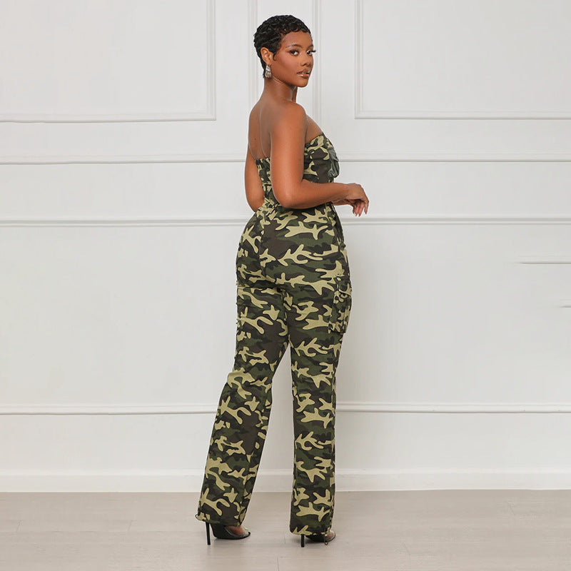 Women Sexy Off-the-Shoulder Zipper Camo Jumpsuit 4
