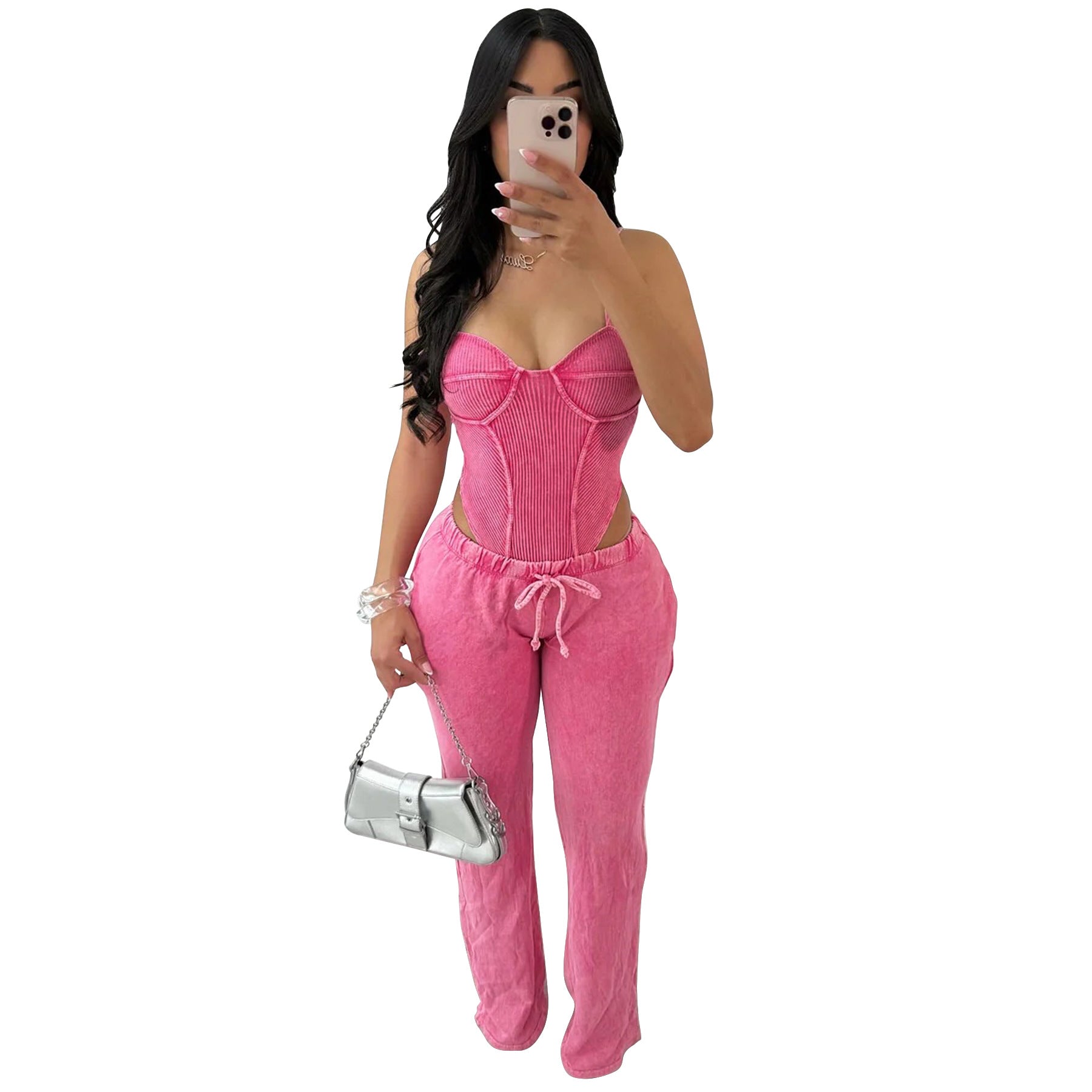 Women Sexy Cotton Washed Strapless Top and Pant Two-Piece Set 27