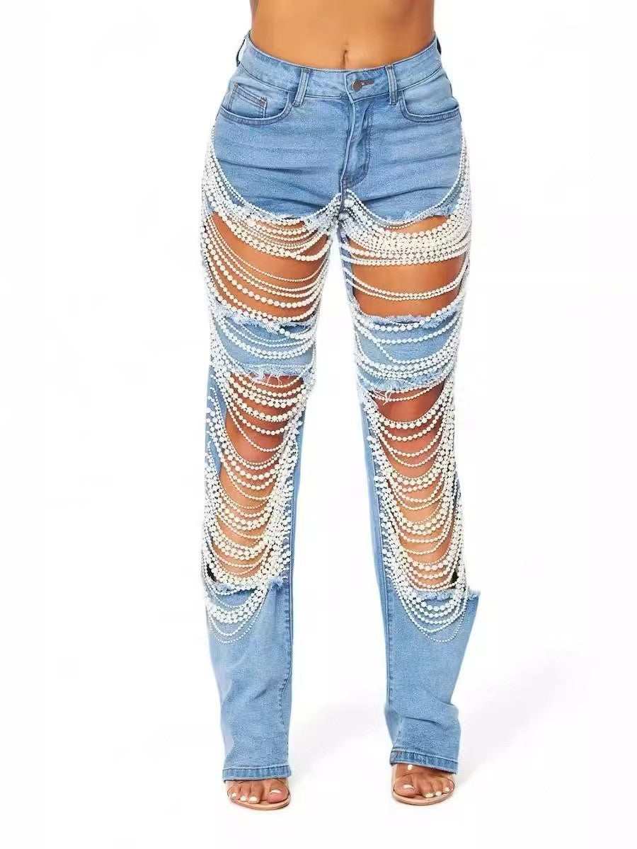 Women Summer Ripped Heavy Beaded Stretchy Denim Pants and Jacket Two-Piece Set 6