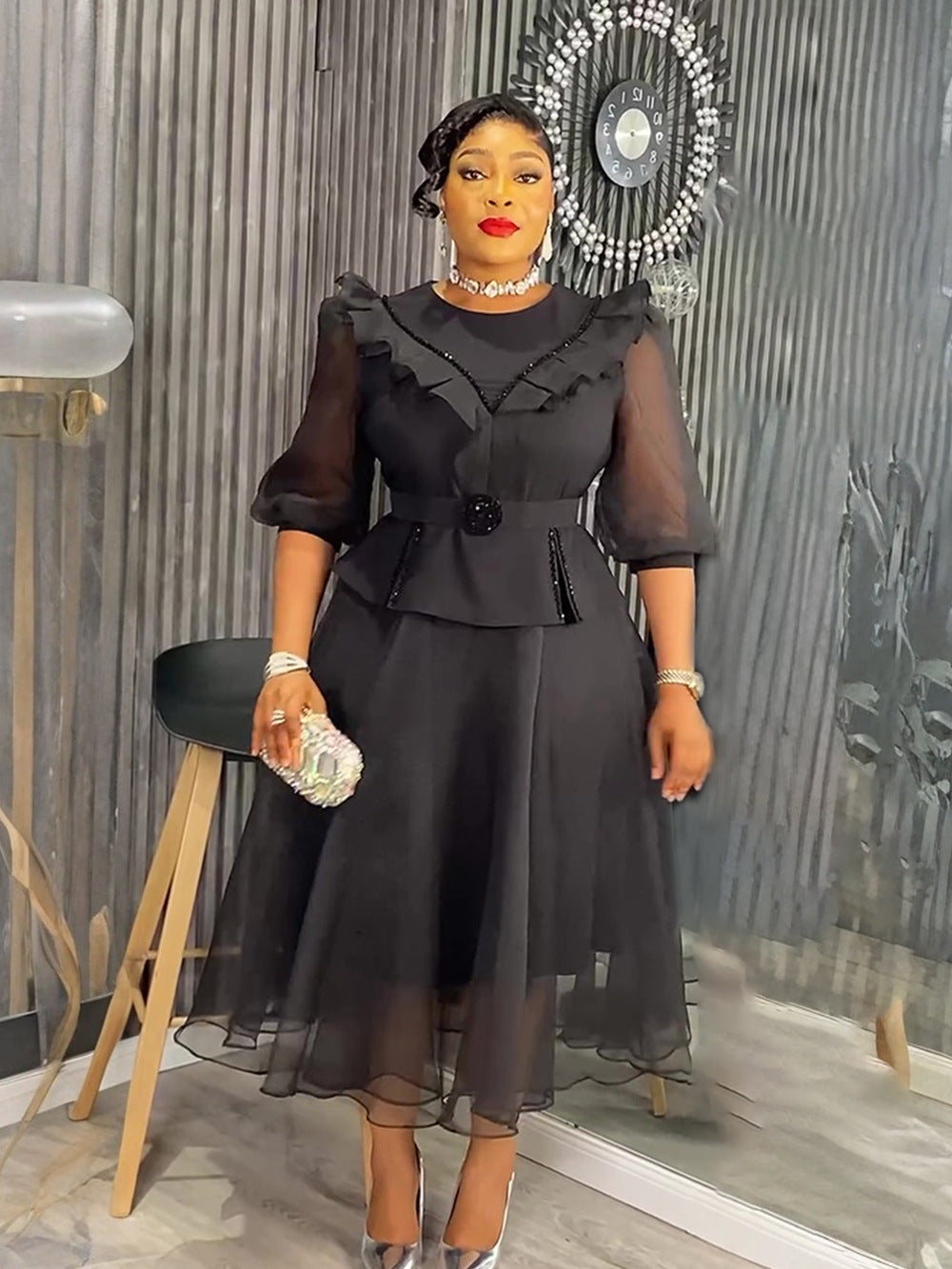 Plus-Size African Women Career Elegant Dress with Belt 6