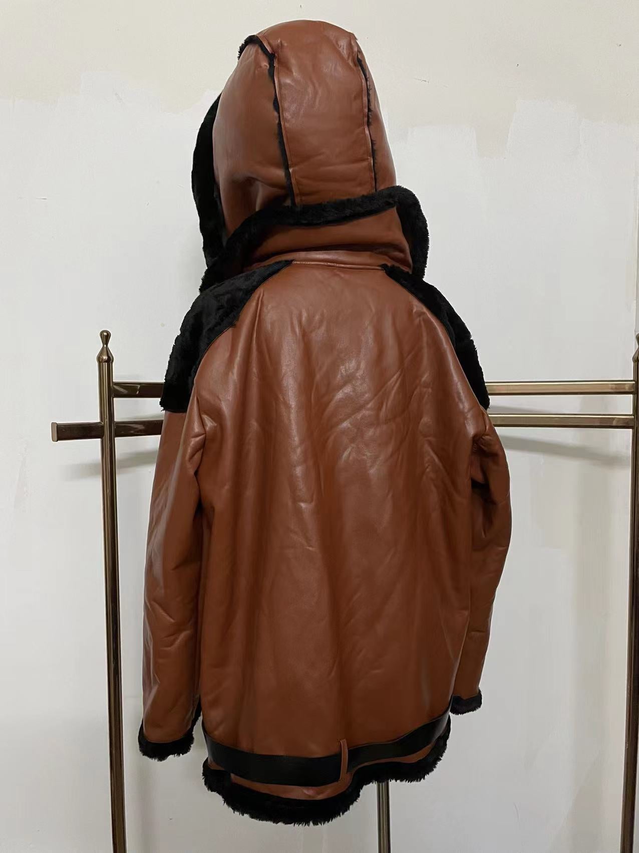 Winter Men'S Pu Leather Wool One-Piece Short Coat Hooded Men'S Jacket 16