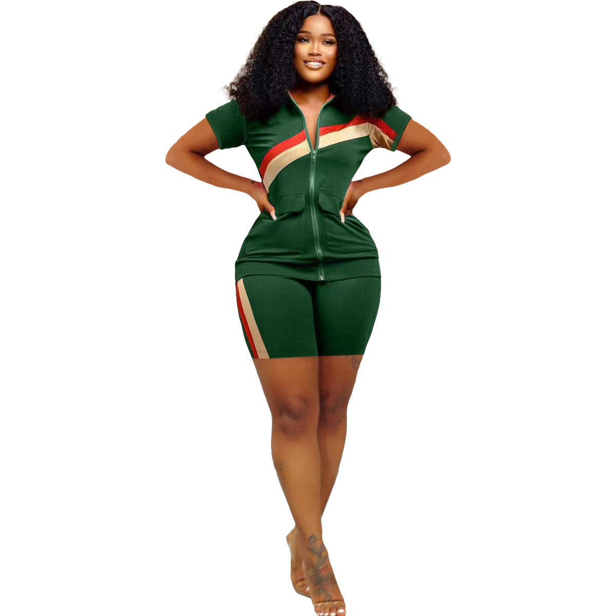 Women's Sports Casual Fashion Zip Pocket Top Shorts Two-Piece Set 16