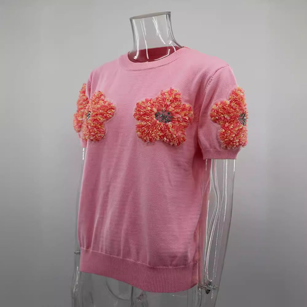 Women Contrast Color Flower Round Neck short-sleeved Top 12