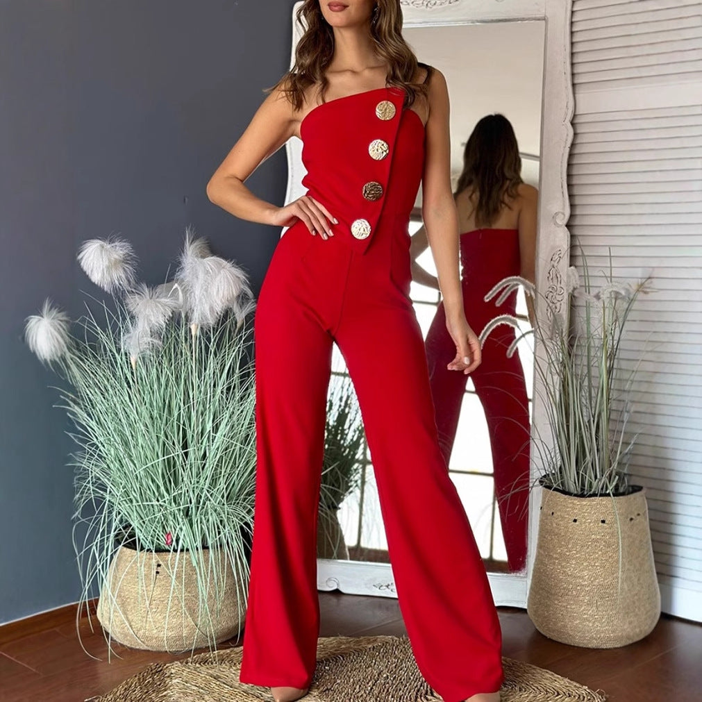 Summer Sexy Solid Color Strapless Button Flared Jumpsuit For Women 11