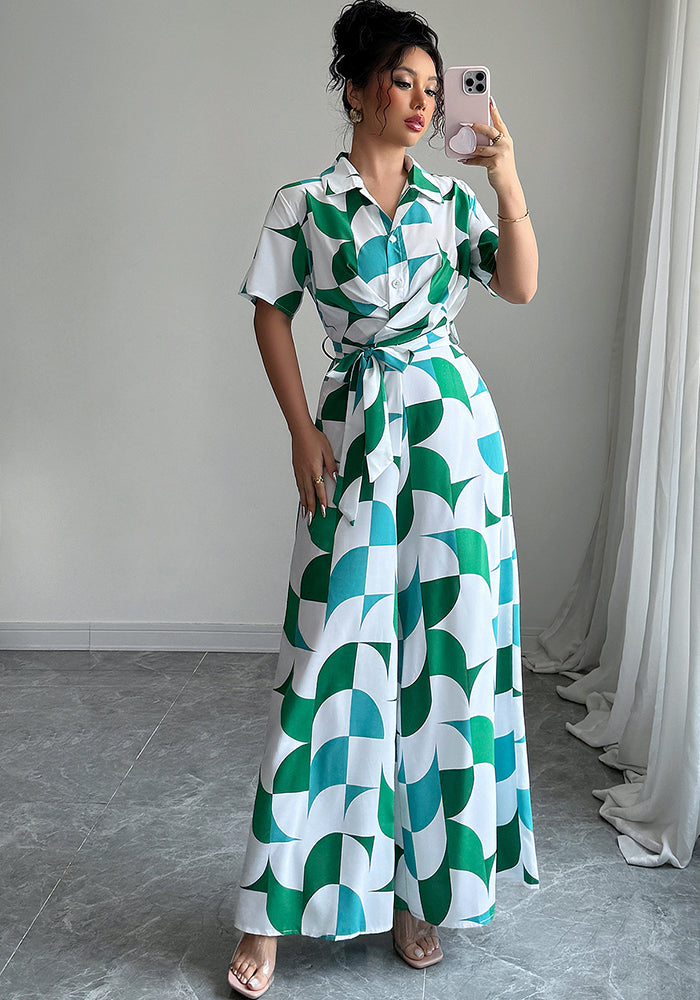 Women Elegant printed short-sleeved wide-leg jumpsuit