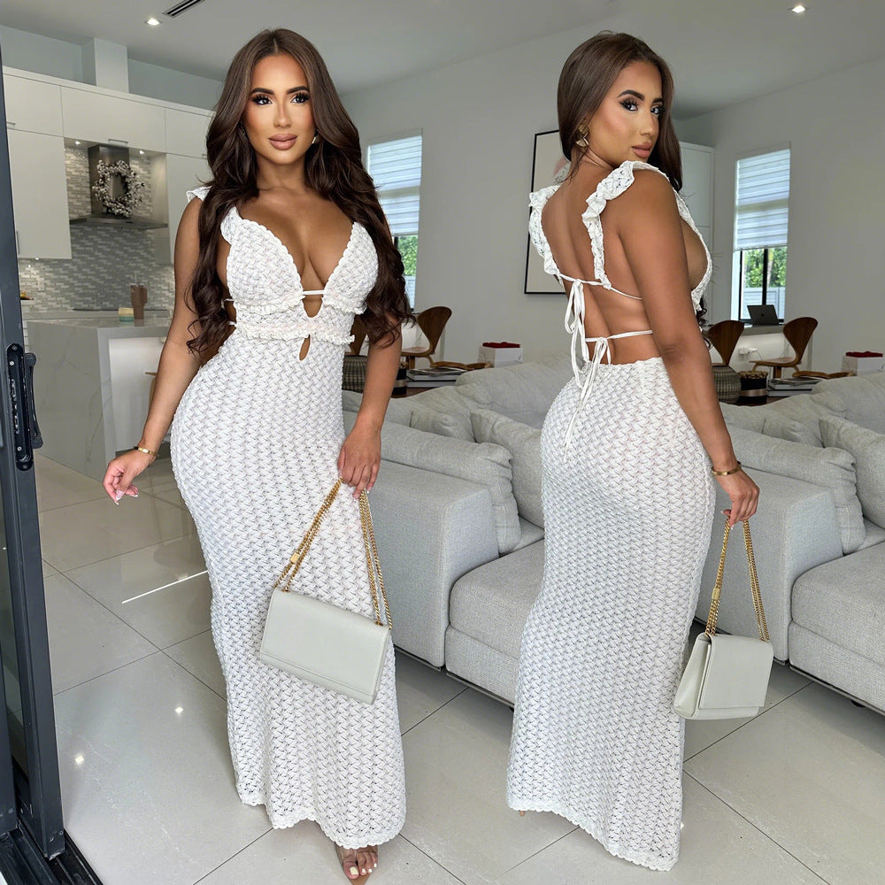 Women Sexy V-Neck Backless Maxi Dress 3