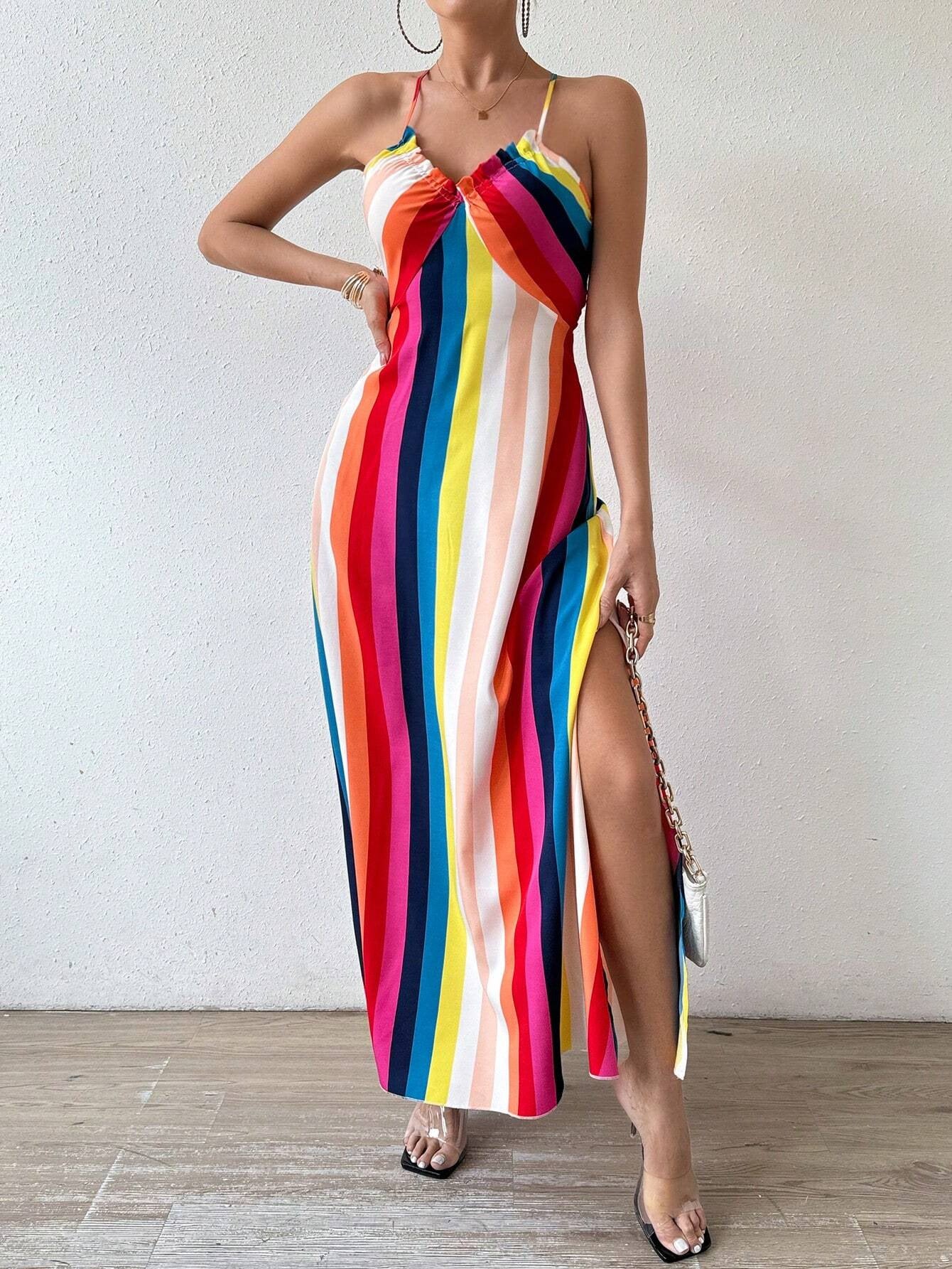 Women Backless Rainbow Suspender Print Dress 6