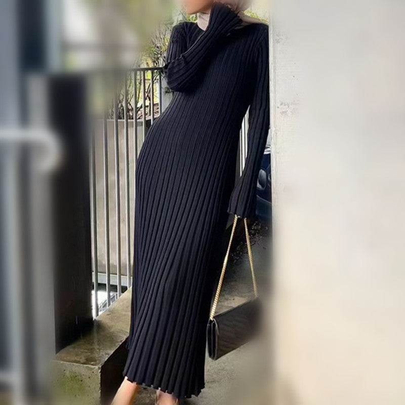 Autumn And Winter Knitting Dress Casual Slim Waist Round Neck Ribbed Slim Fit Knitting Long Dress For Women 5