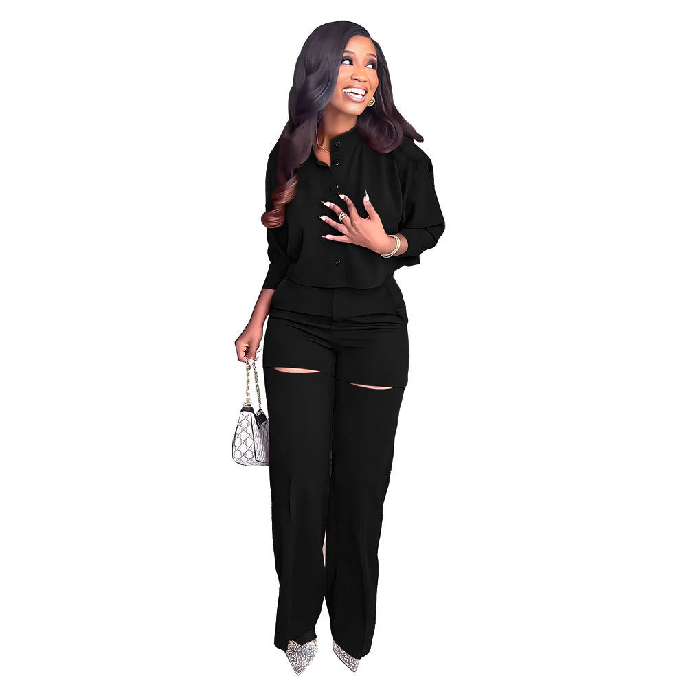 Long-Sleeved Solid Button Up Top Fashionable Ripped High-Waisted Trousers Two-Piece Set 5
