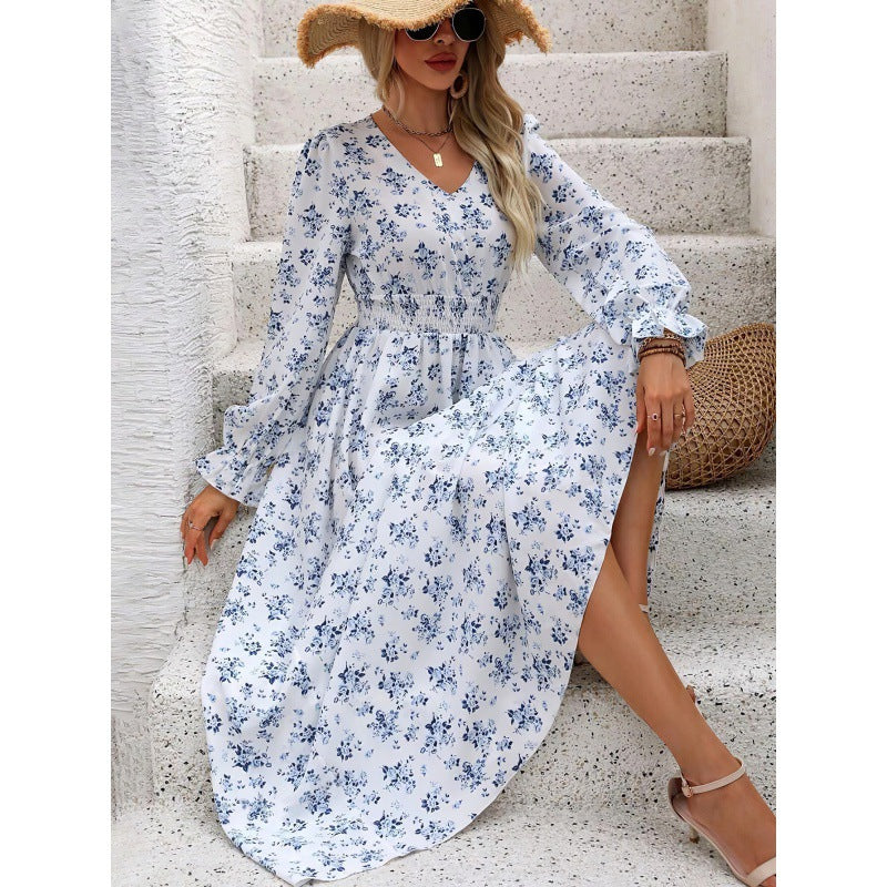 Autumn Women's Printed V-Neck Long Sleeve Fashion Long Dress 8