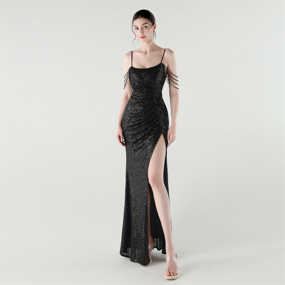 Sexy Low Back Fishtail Sequin Evening Dress Beaded Slim Dinner Gown 22