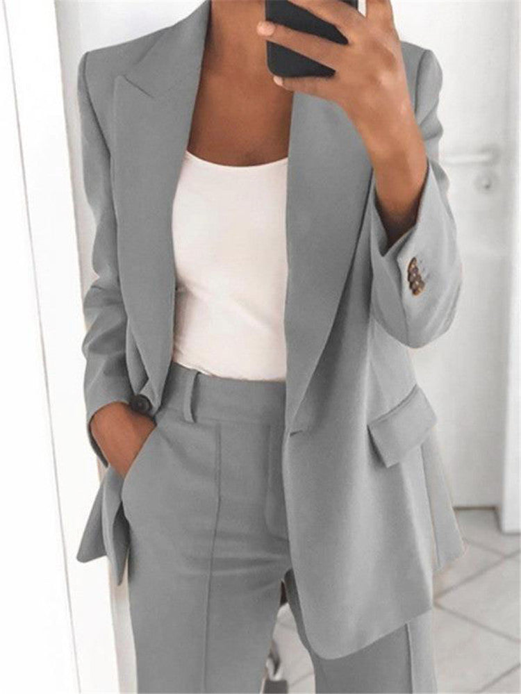 Fashionable Casual Solid Color Blazer Trousers Career Two Piece Suit 15