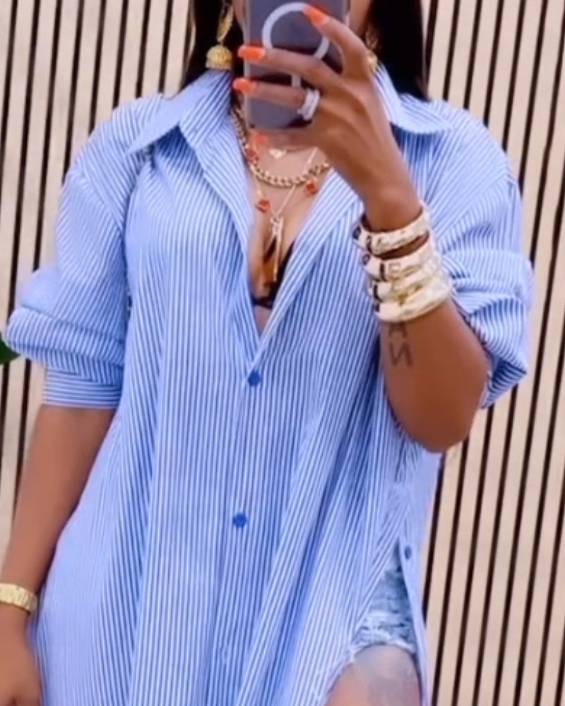 Women Striped Split Lace-Up Long Sleeve Shirt 5