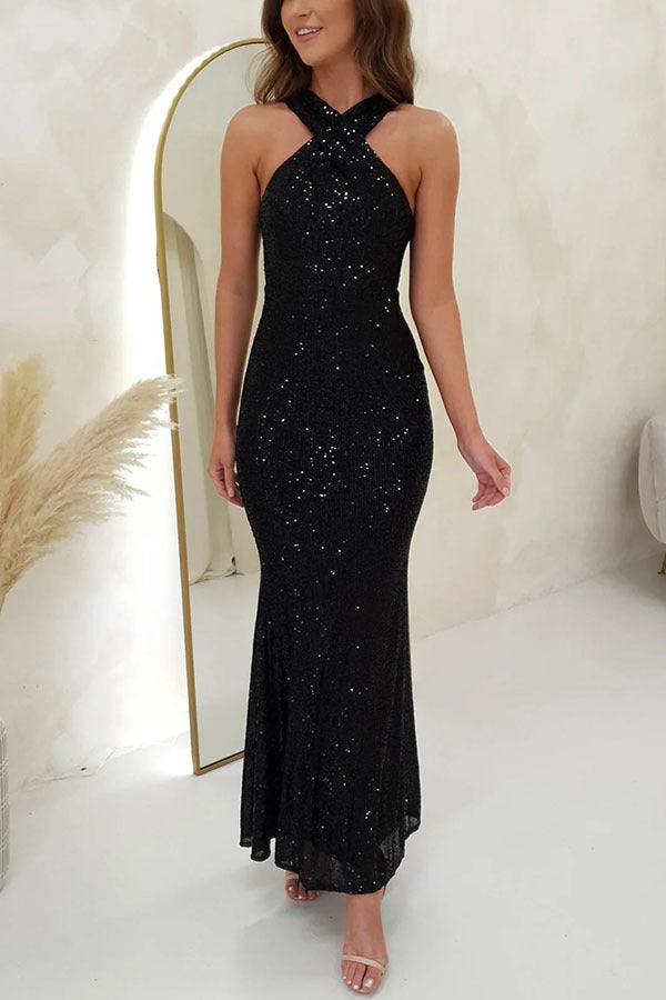 Women Sexy Backless Sleeveless Sequin Maxi Evening Dress 6