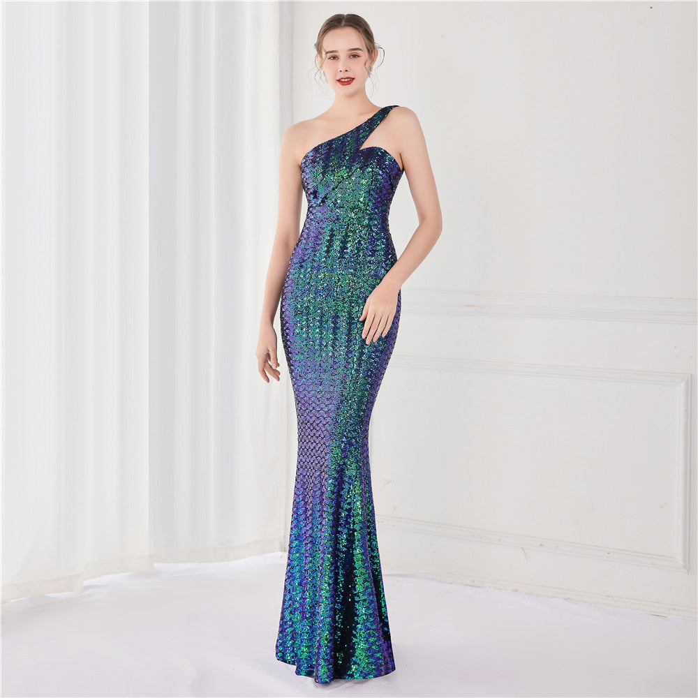 Luxury Sequin Slash shoulder Sleeveless Mermaid Plus Size Formal Party Evening Dress 8