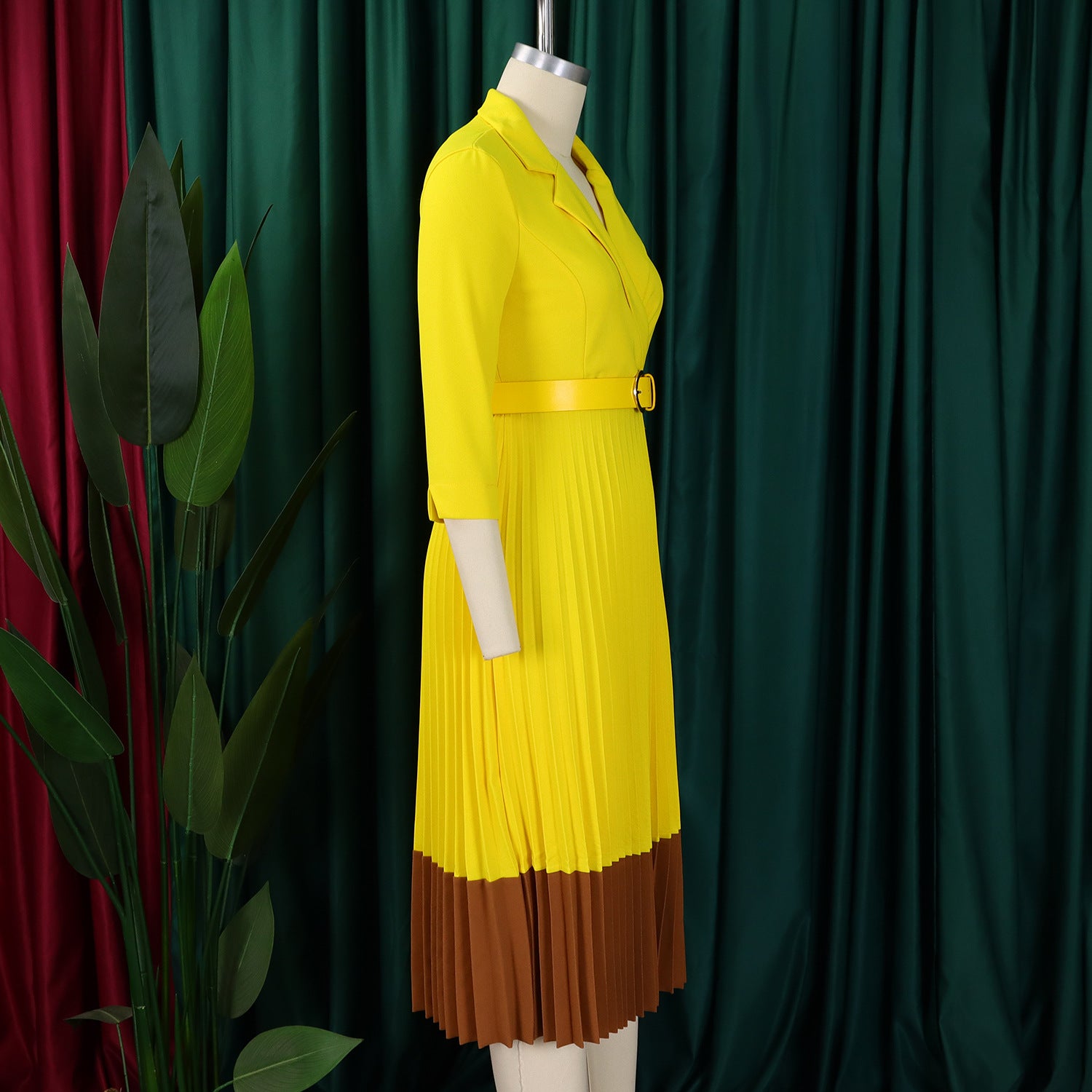 Women's Spring Turndown Collar Fashion Colorblock OL Elegant Pleated High Waist African Dress 15