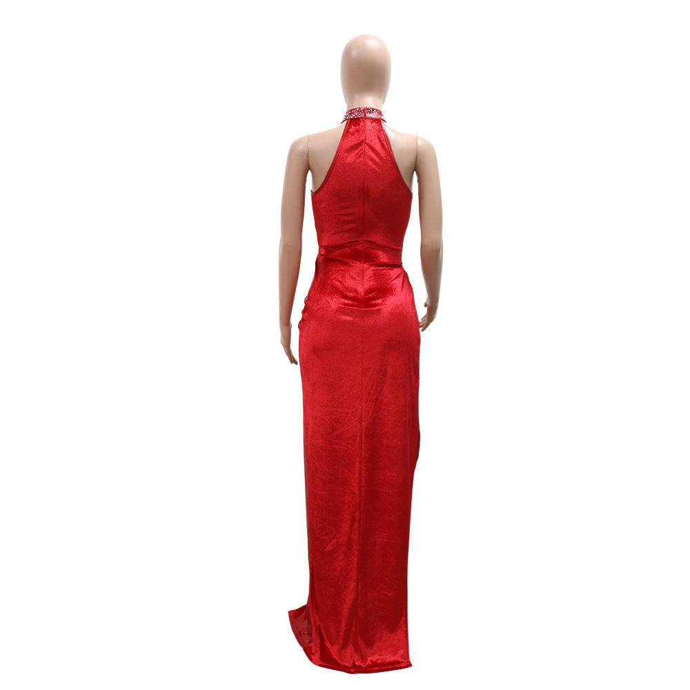 Women Sleeveless High Slit Solid Beaded Maxi Dress 14