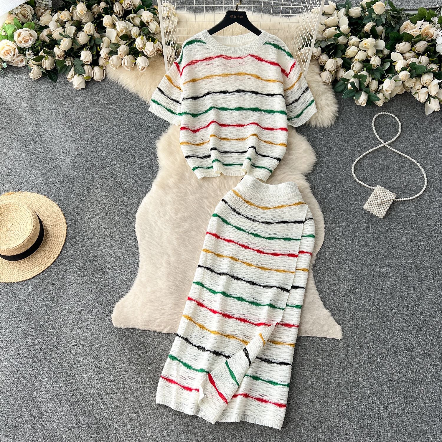 Striped Color-Blocking Loose Round Neck Knitted Crop Top & High-Waist Bodycon Skirt Set 4