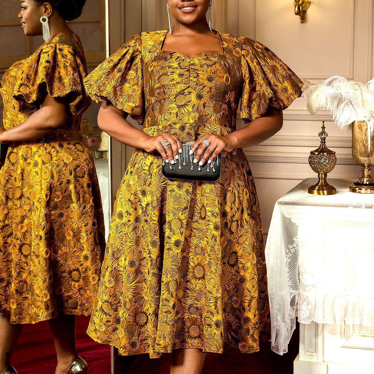 Summer Puff-Sleeve Jacquard Square-Neck A-Line Cocktail Dress 9