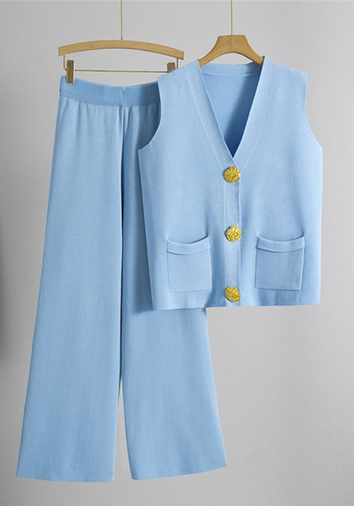 Button V-neck Knitted Vest Casual Pants Fashion Two-piece Suit