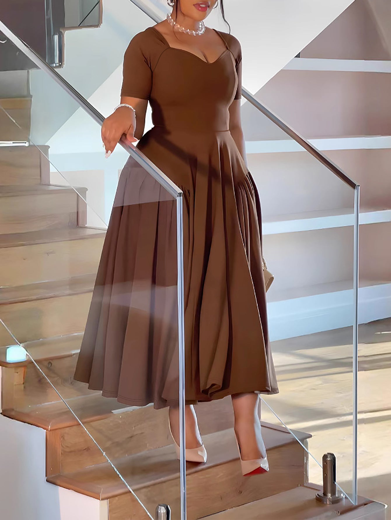 Spring Summer Women's Fashion Elegant Short Sleeve Slim Waist A-Line Plus Size Dress 4