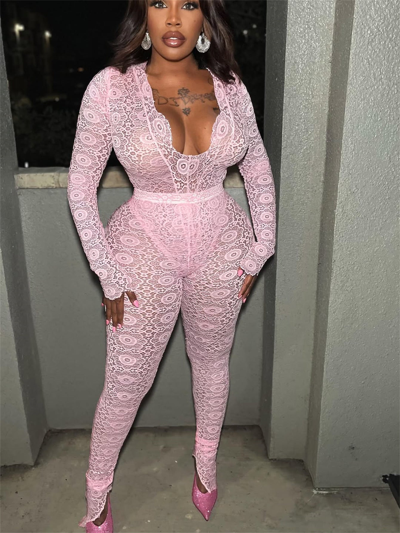 Women Solid Sexy Lace Hollow V Neck See-Through Long Sleeve Top Trousers Two Piece Set 12