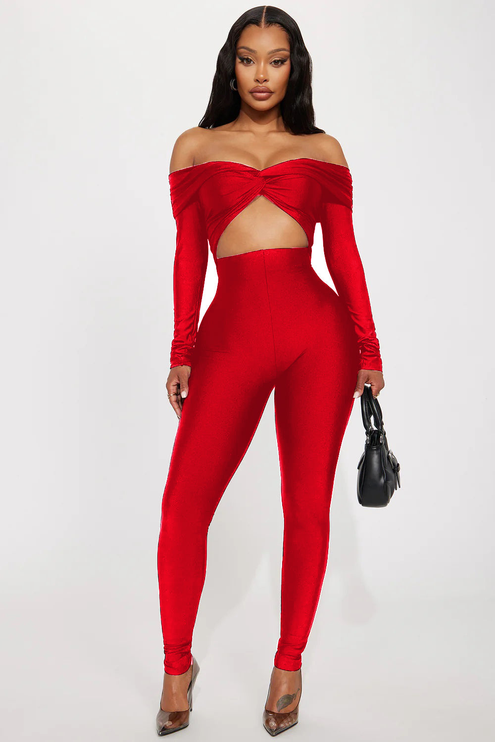 Sexy Women's Solid Color Off Shoulder Hollow Long Sleeve Tight Slim Jumpsuit 3