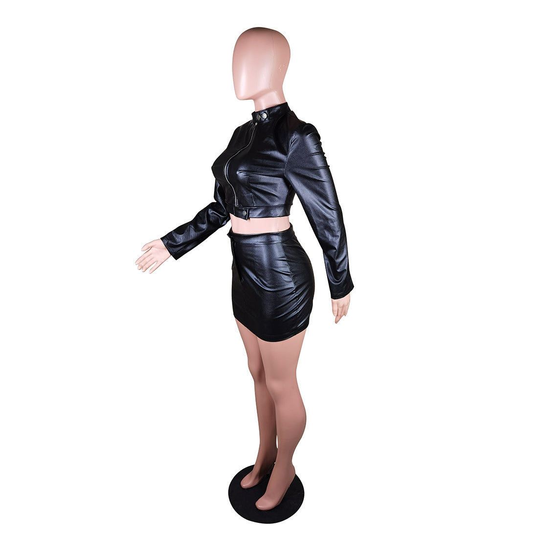 Women Casual pu Leather Zipper Top and Skirt Two-Piece Set 7