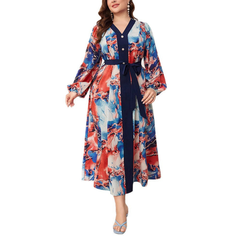 Plus Size Trendy Crisscross V-Neck Lantern Sleeve Slim Waist Print Chic Dress 6