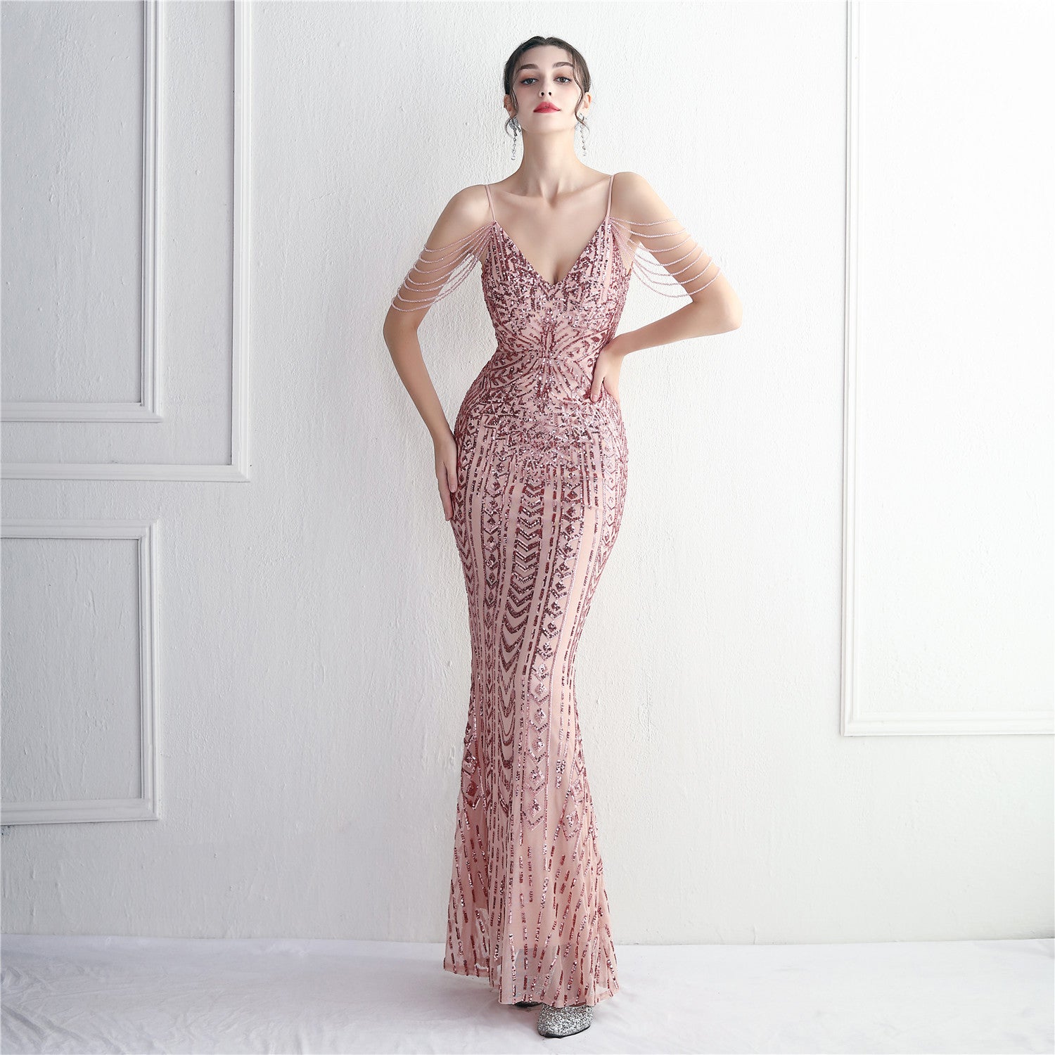 Elegant Chic Beading Straps Party Sequin Prom Dress Long Formal Party Gown Slim Evening Dress 18