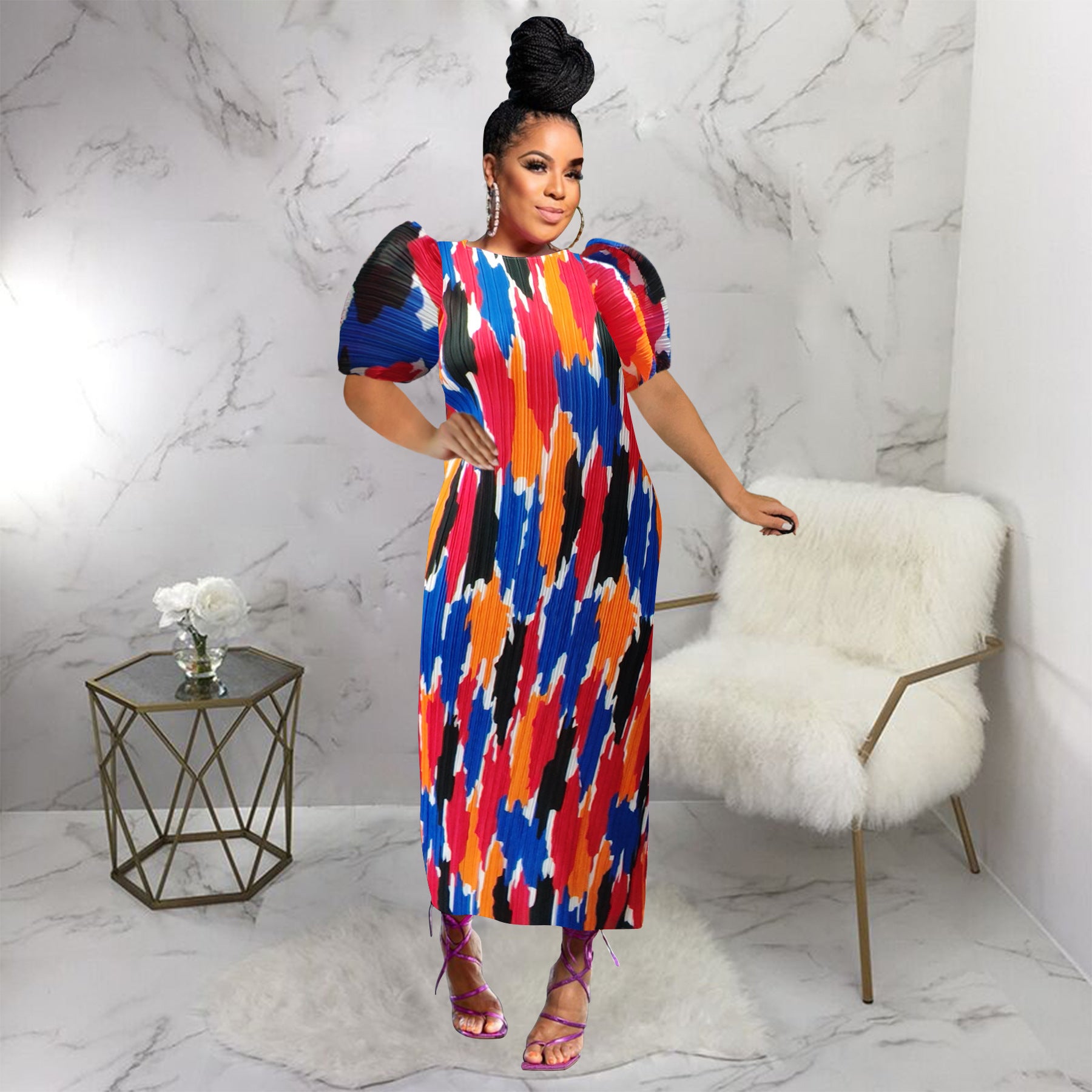 Fashionable Women's Puff Short-Sleeved Printed Dress 18