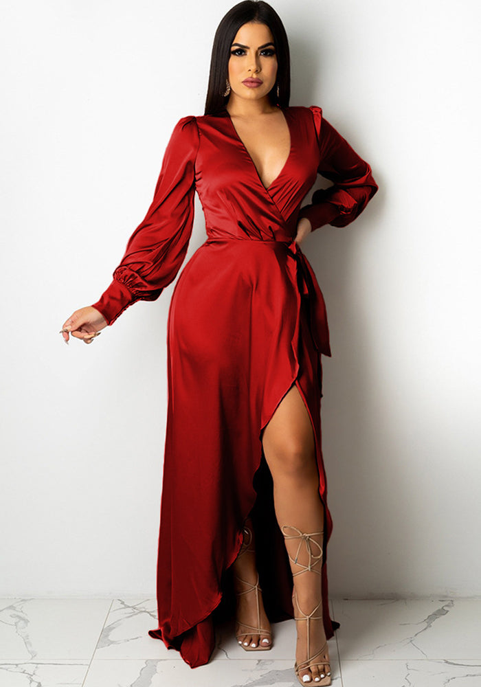 Women's Fashionable And Sexy V-Neck Solid Color Satin Lace-Up Irregular Long Dress