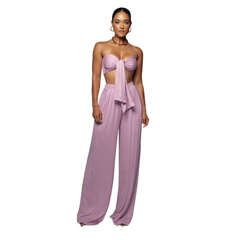 Women's Sexy Solid Color Tie Strapless Top Mid-Waist Wide Leg Pants Fashion Casual Two Piece Set 9