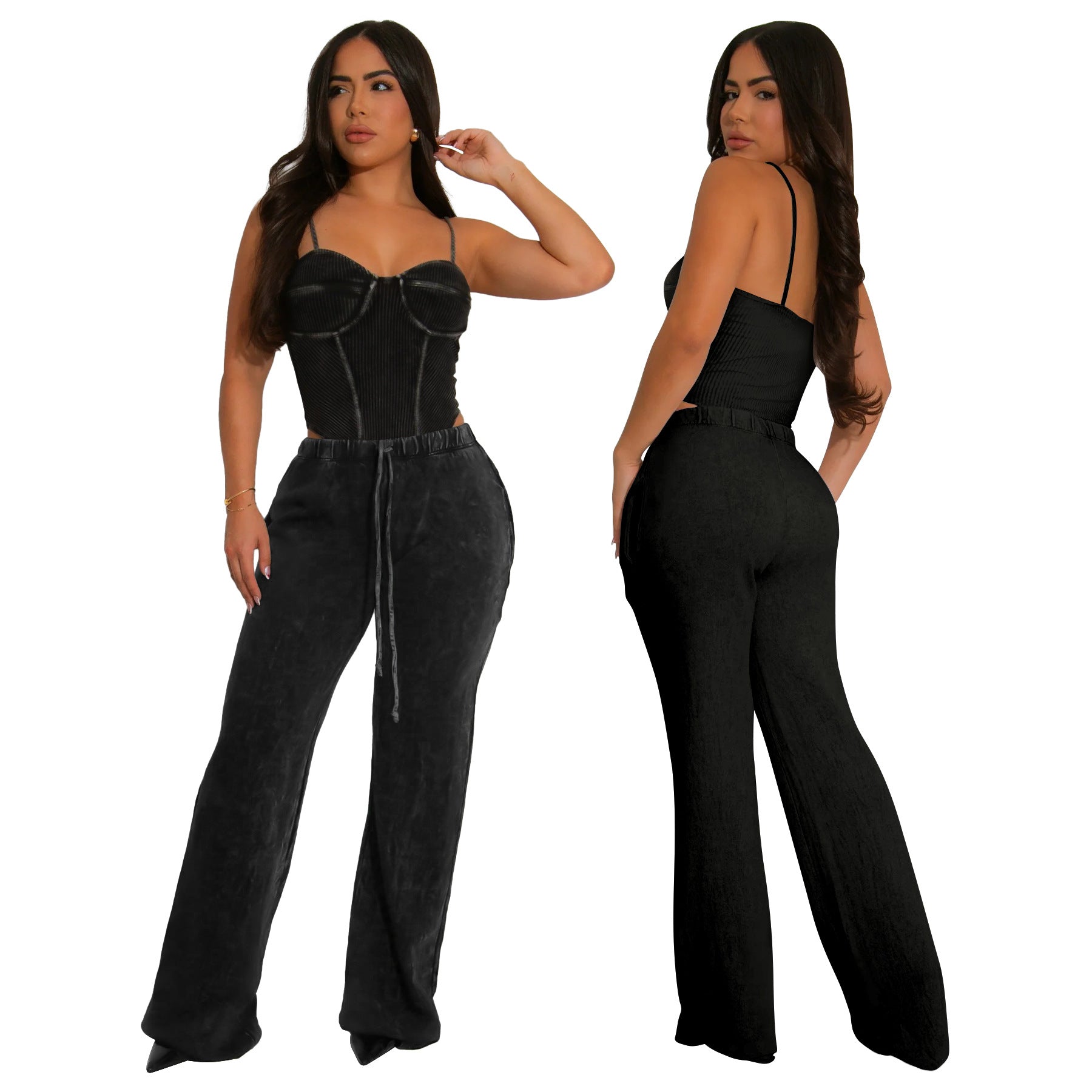 Women Sexy Cotton Washed Strapless Top and Pant Two-Piece Set