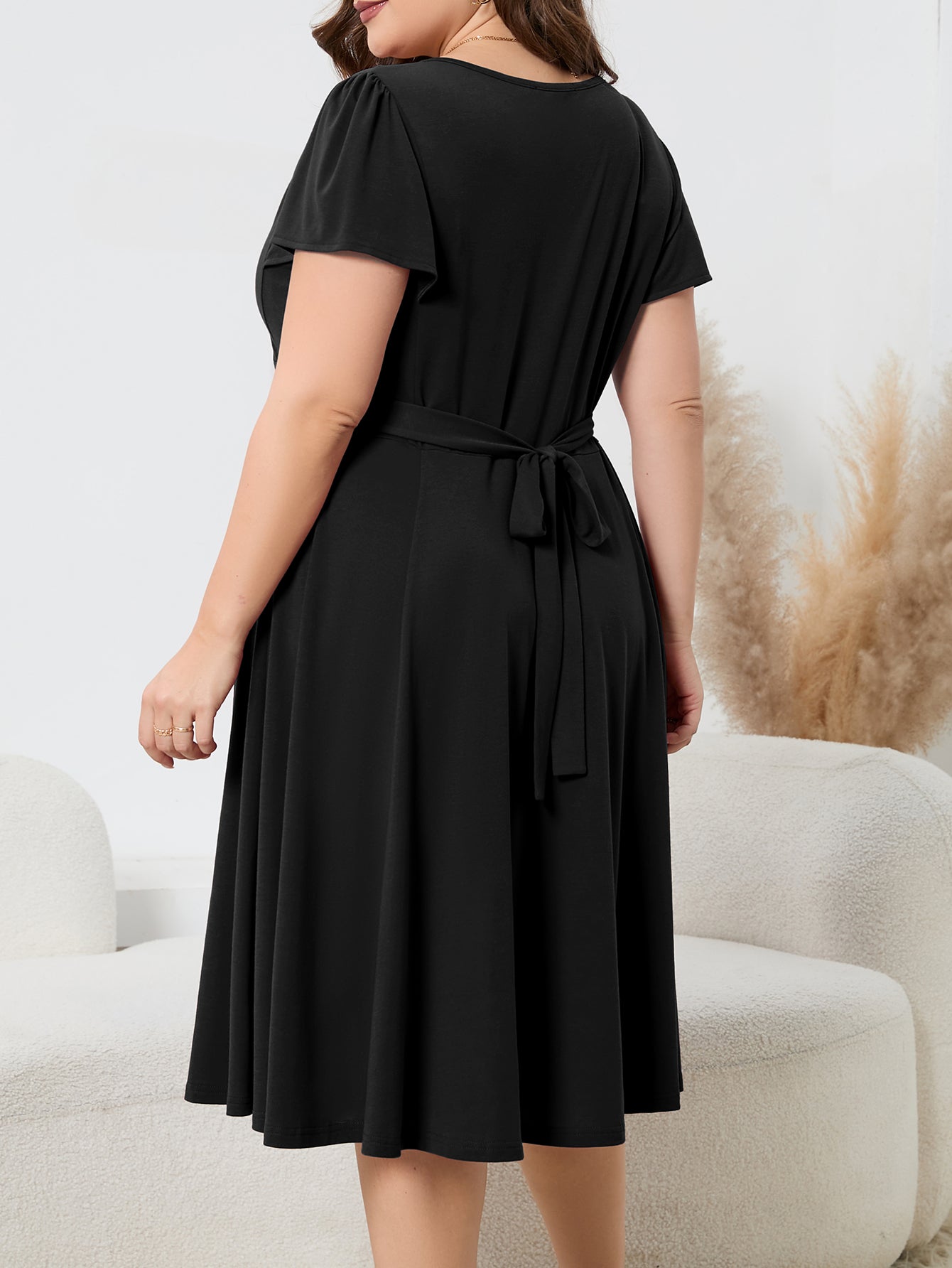 Women's Plus Size Solid Deep V-Neck Slim Waist Short Sleeve A-Line Elegant Dress 3
