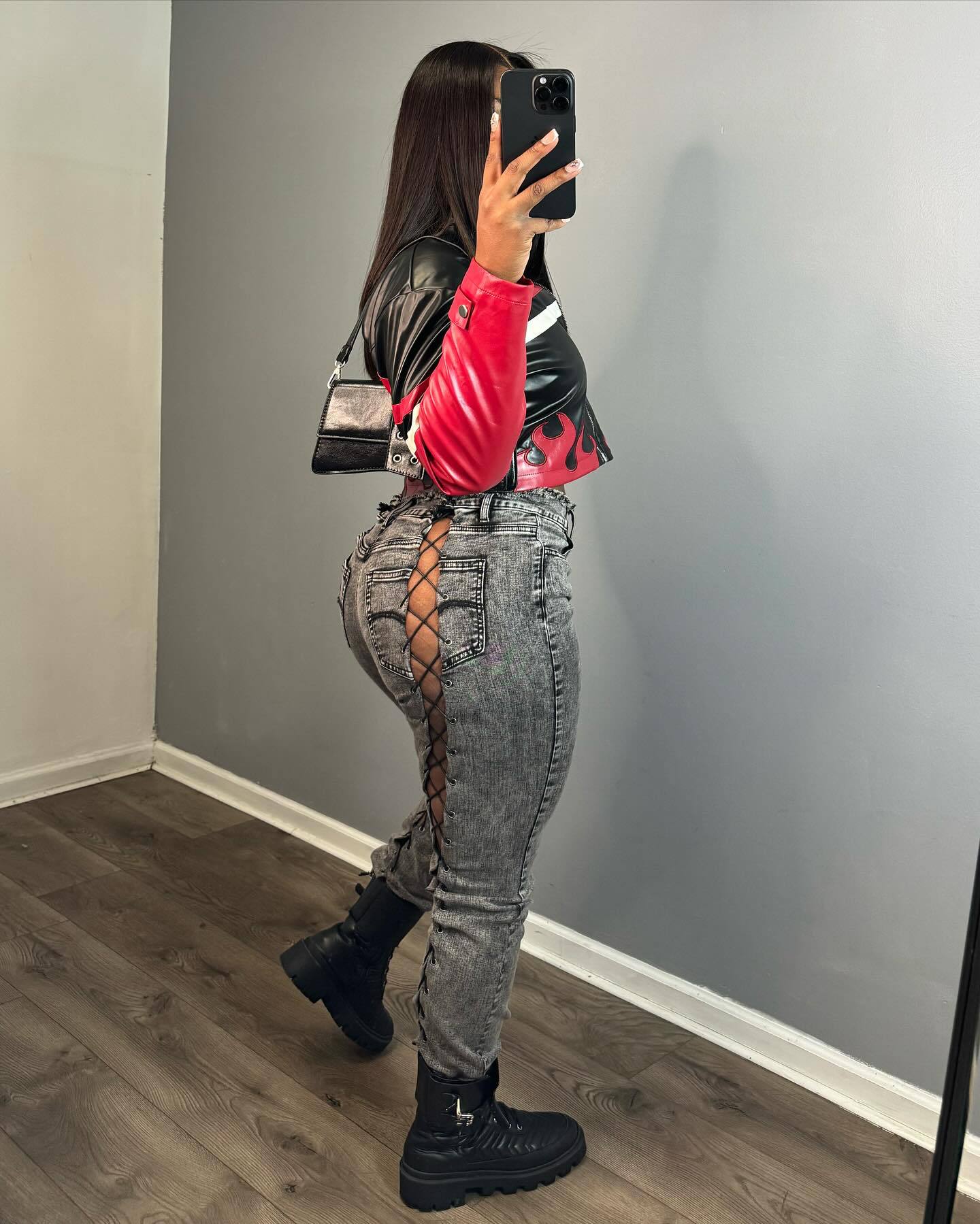 Women's Embroidered Flame Patchwork Leather Jacket 5