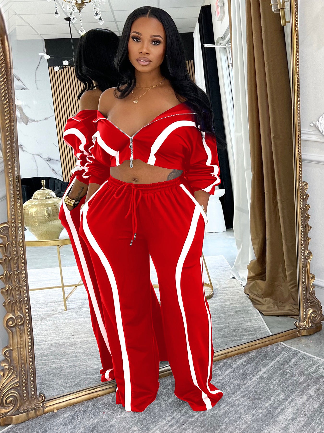 Women's Fashion Casual Sport Two-Piece Set Zipper Cropped Top + Loose Wide-Leg Pants